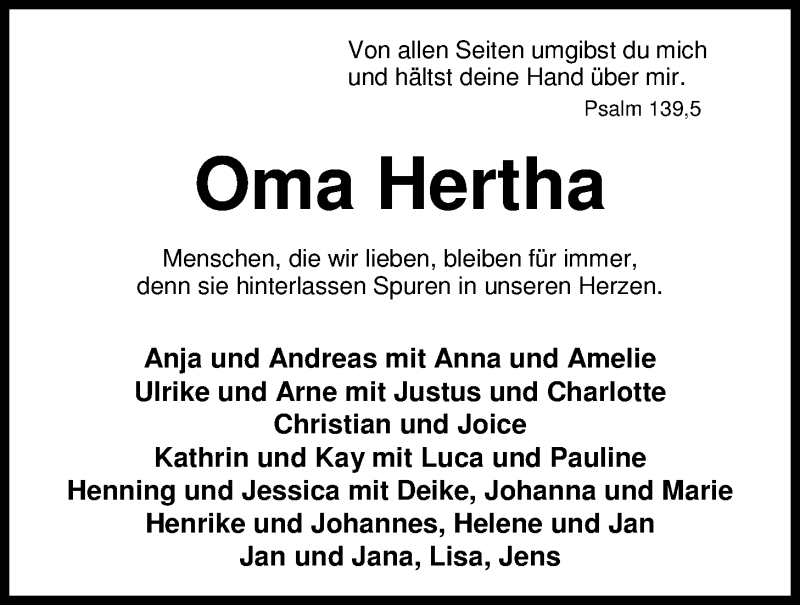  Traueranzeige für Hertha  vom 10.02.2017 aus Nordwest-Zeitung