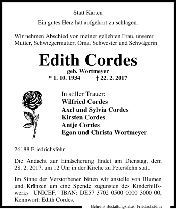 Traueranzeige von Edith Cordes von Nordwest-Zeitung