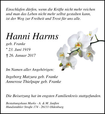Traueranzeige von Hanni Harms von Nordwest-Zeitung