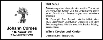 Traueranzeige von Johann Cordes von Nordwest-Zeitung