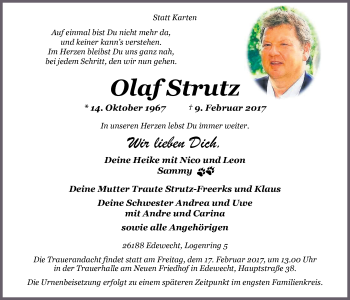 Traueranzeige von Olaf Strutz von Nordwest-Zeitung