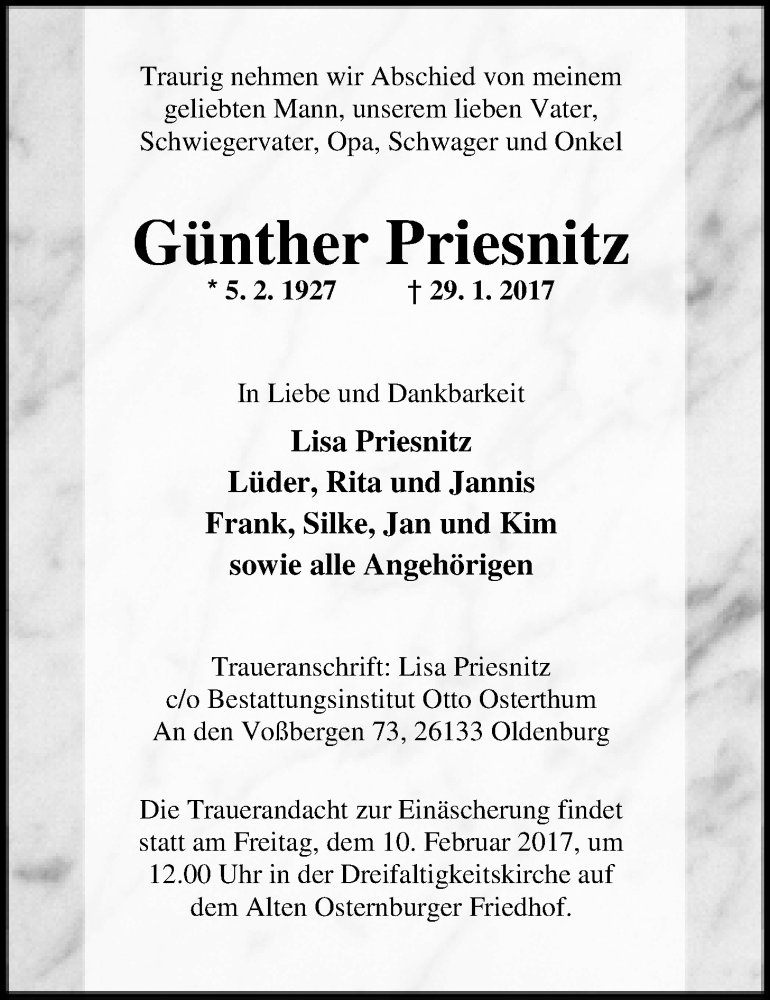  Traueranzeige für Günther Priesnitz vom 02.02.2017 aus Nordwest-Zeitung