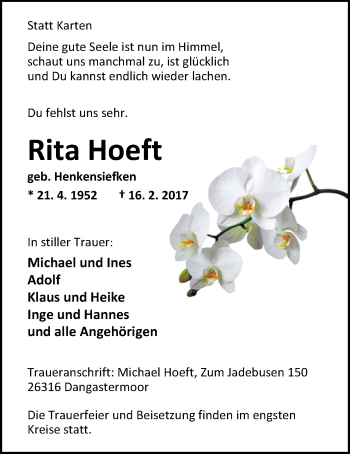 Traueranzeige von Rita Hoeft von Nordwest-Zeitung