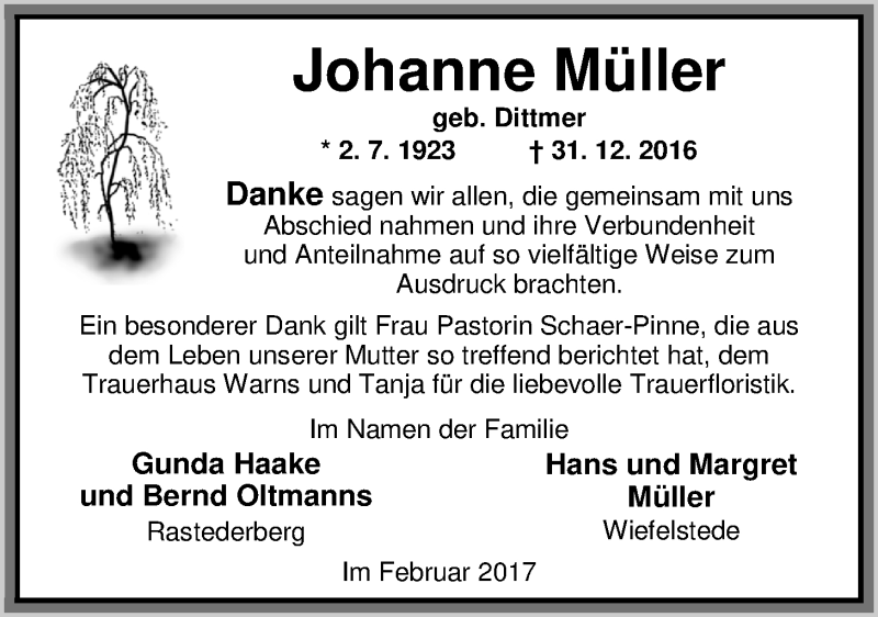  Traueranzeige für Johanne Müller vom 18.02.2017 aus Nordwest-Zeitung