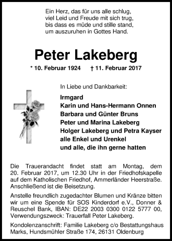 Traueranzeige von Peter Lakeberg von Nordwest-Zeitung