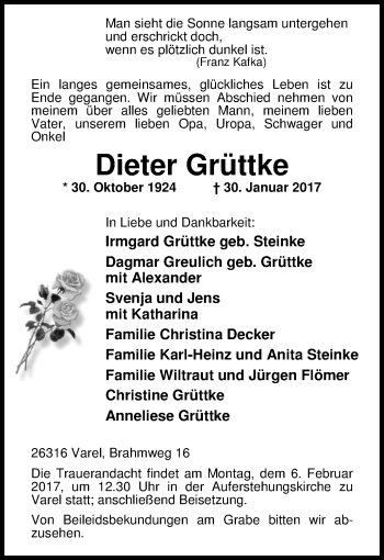 Traueranzeige von Dieter Grüttke von Nordwest-Zeitung