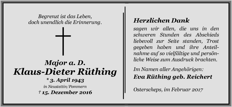  Traueranzeige für Klaus-Dieter Rüthing vom 04.02.2017 aus Nordwest-Zeitung