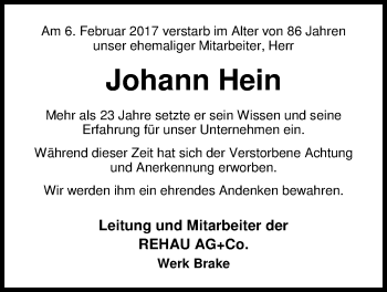 Traueranzeige von Johann Hein von Nordwest-Zeitung