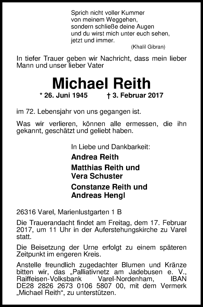  Traueranzeige für Michael Reith vom 11.02.2017 aus Nordwest-Zeitung