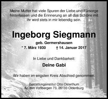 Traueranzeige von Ingeborg Siegmann von Nordwest-Zeitung