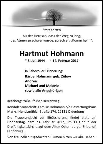 Traueranzeige von Hartmut Hohmann von Nordwest-Zeitung