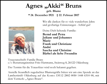 Traueranzeige von Agnes  Bruns von Nordwest-Zeitung