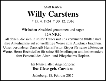 Traueranzeige von Willy Carstens von Nordwest-Zeitung