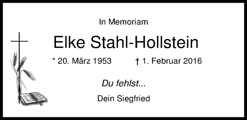  Traueranzeige für Elke Stahl-Hollstein vom 01.02.2017 aus Nordwest-Zeitung