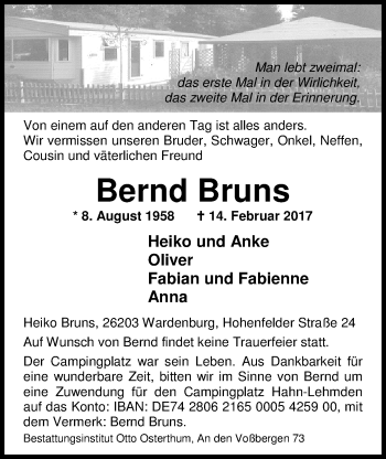 Traueranzeige von Bernd Bruns von Nordwest-Zeitung