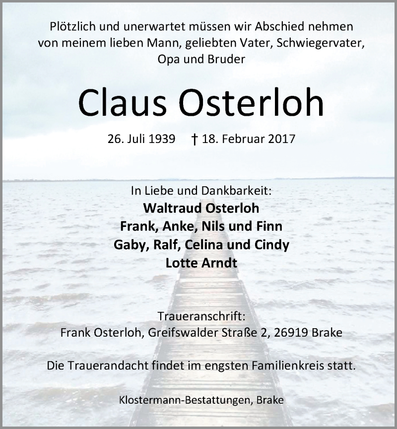  Traueranzeige für Claus Osterloh vom 21.02.2017 aus Nordwest-Zeitung