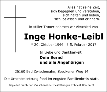 Traueranzeige von Inge Honke-Leibl von Nordwest-Zeitung