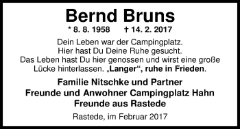 Traueranzeige von Bernd Bruns von Nordwest-Zeitung