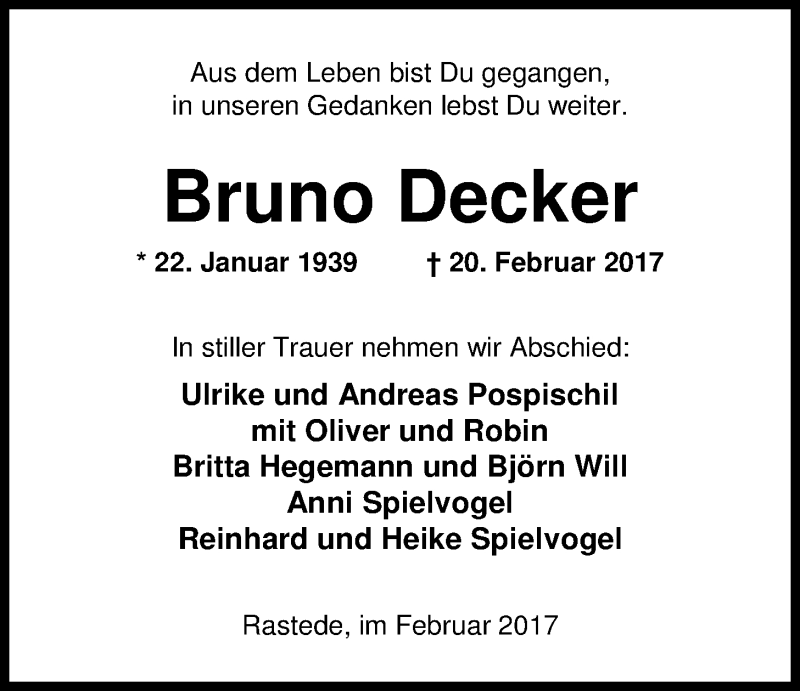  Traueranzeige für Bruno Decker vom 22.02.2017 aus Nordwest-Zeitung