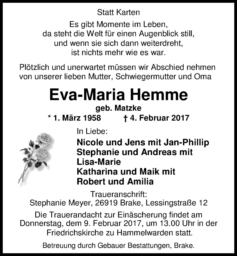  Traueranzeige für Eva-Maria Hemme vom 08.02.2017 aus Nordwest-Zeitung