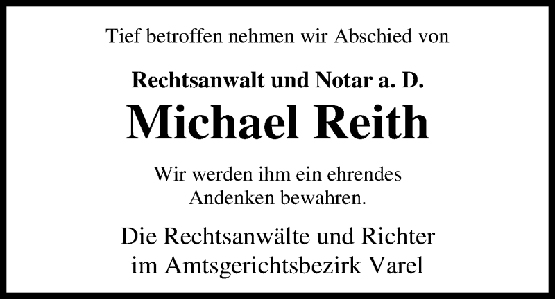  Traueranzeige für Michael Reith vom 11.02.2017 aus Nordwest-Zeitung