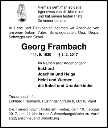 Traueranzeige von Georg Frambach von Nordwest-Zeitung