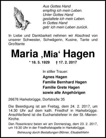 Traueranzeige von Maria Hagen von Nordwest-Zeitung