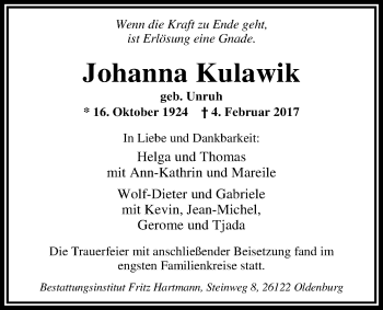 Traueranzeige von Johanna Kulawik von Nordwest-Zeitung