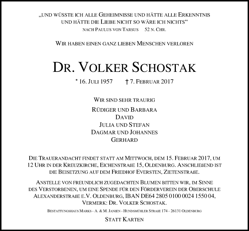  Traueranzeige für Volker  Schostak vom 10.02.2017 aus Nordwest-Zeitung