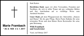 Traueranzeige von Marie Frambach von Nordwest-Zeitung