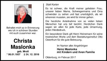 Traueranzeige von Christa Maslonka von Nordwest-Zeitung