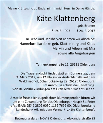 Traueranzeige von Käte Klattenberg von Nordwest-Zeitung