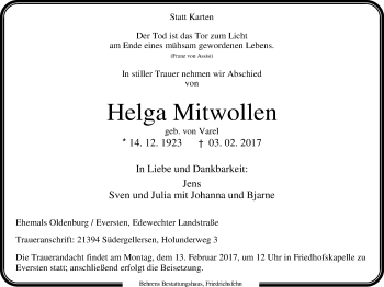 Traueranzeige von Helga Mitwollen von Nordwest-Zeitung