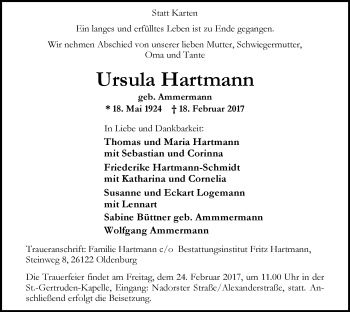 Traueranzeige von Ursula Hartmann von Nordwest-Zeitung