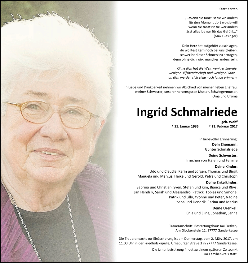 Traueranzeigen Von Ingrid Schmalriede Nordwest Trauerde 0047