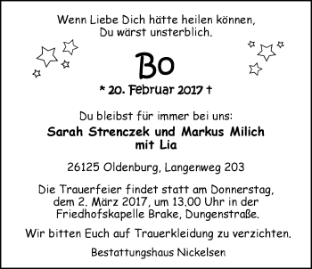 Traueranzeige von Bo Strenczek von Nordwest-Zeitung