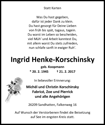 Traueranzeige von Ingrid Henke-Korschinsky von Nordwest-Zeitung