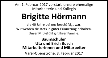 Traueranzeige von Brigitte Hörmann von Nordwest-Zeitung