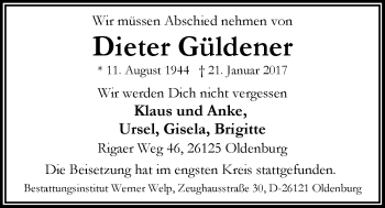 Traueranzeige von Dieter Güldener von Nordwest-Zeitung