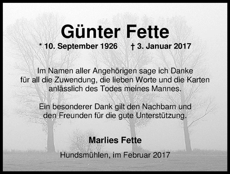  Traueranzeige für Günter Fette vom 25.02.2017 aus Nordwest-Zeitung