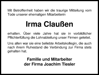 Traueranzeige von Irma Claußen von Nordwest-Zeitung