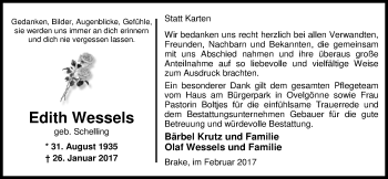 Traueranzeige von Edith Wessels von Nordwest-Zeitung