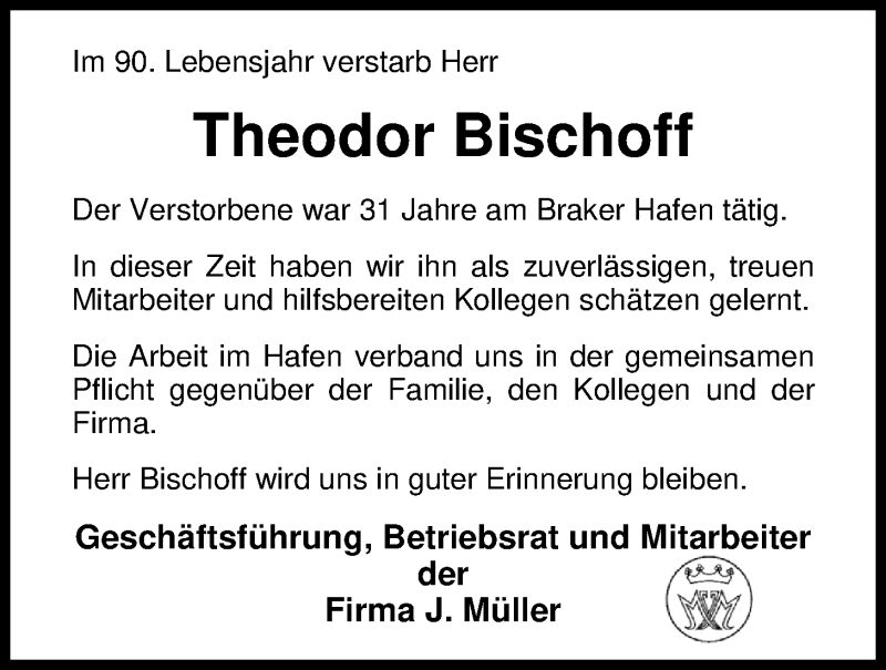  Traueranzeige für Theodor Bischoff vom 25.02.2017 aus Nordwest-Zeitung
