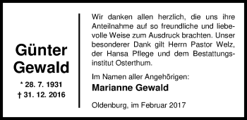 Traueranzeige von Günter Gewald von Nordwest-Zeitung