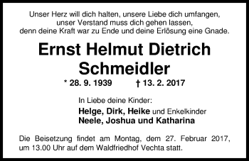 Traueranzeige von Ernst Helmut Dietrich Schmeidler von Nordwest-Zeitung