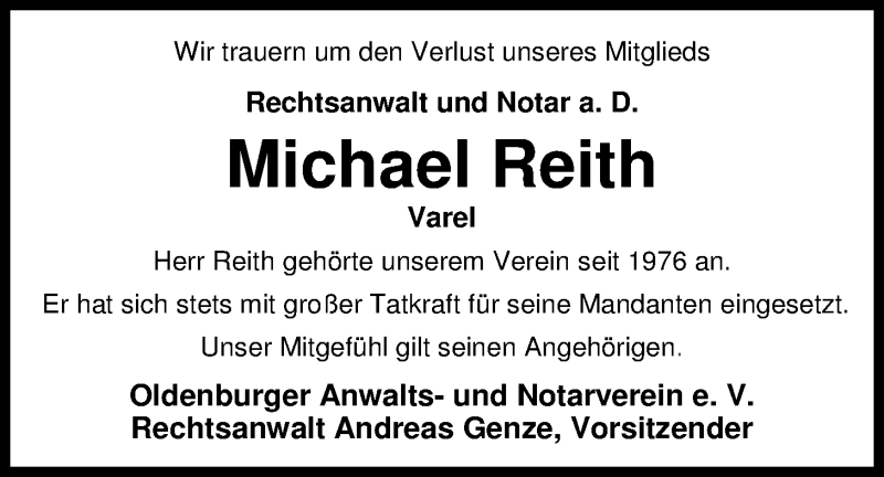  Traueranzeige für Michael Reith vom 14.02.2017 aus Nordwest-Zeitung