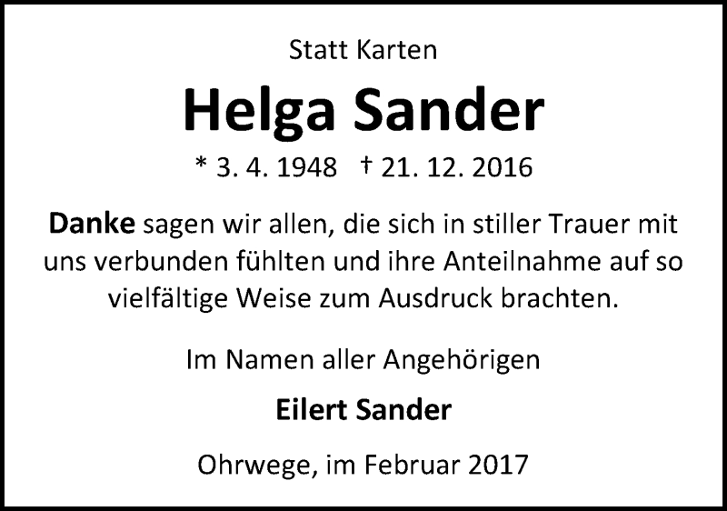  Traueranzeige für Helga Sander vom 01.02.2017 aus Nordwest-Zeitung