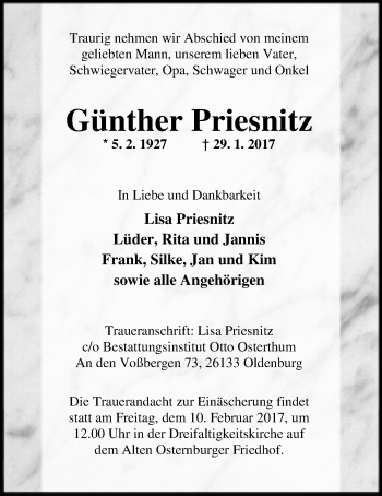 Traueranzeige von Günther Priesnitz von Nordwest-Zeitung