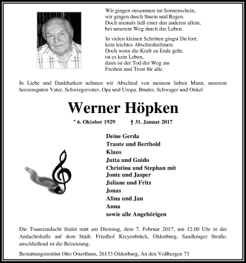 Traueranzeige von Werner Höpken von Nordwest-Zeitung