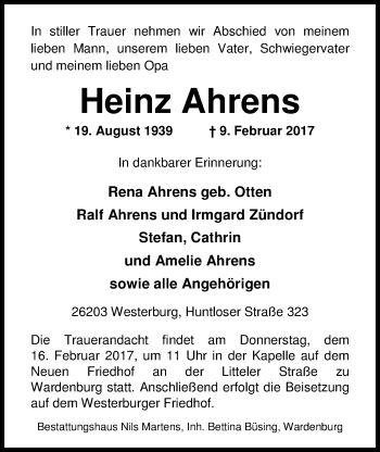 Traueranzeige von Heinz Ahrens von Nordwest-Zeitung